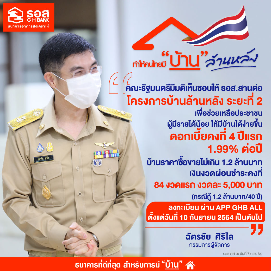 ครม.เห็นชอบให้ ธอส. สานต่อโครงการบ้านล้านหลัง ระยะที่ 2 วงเงิน 2 หมื่นล้านบาท