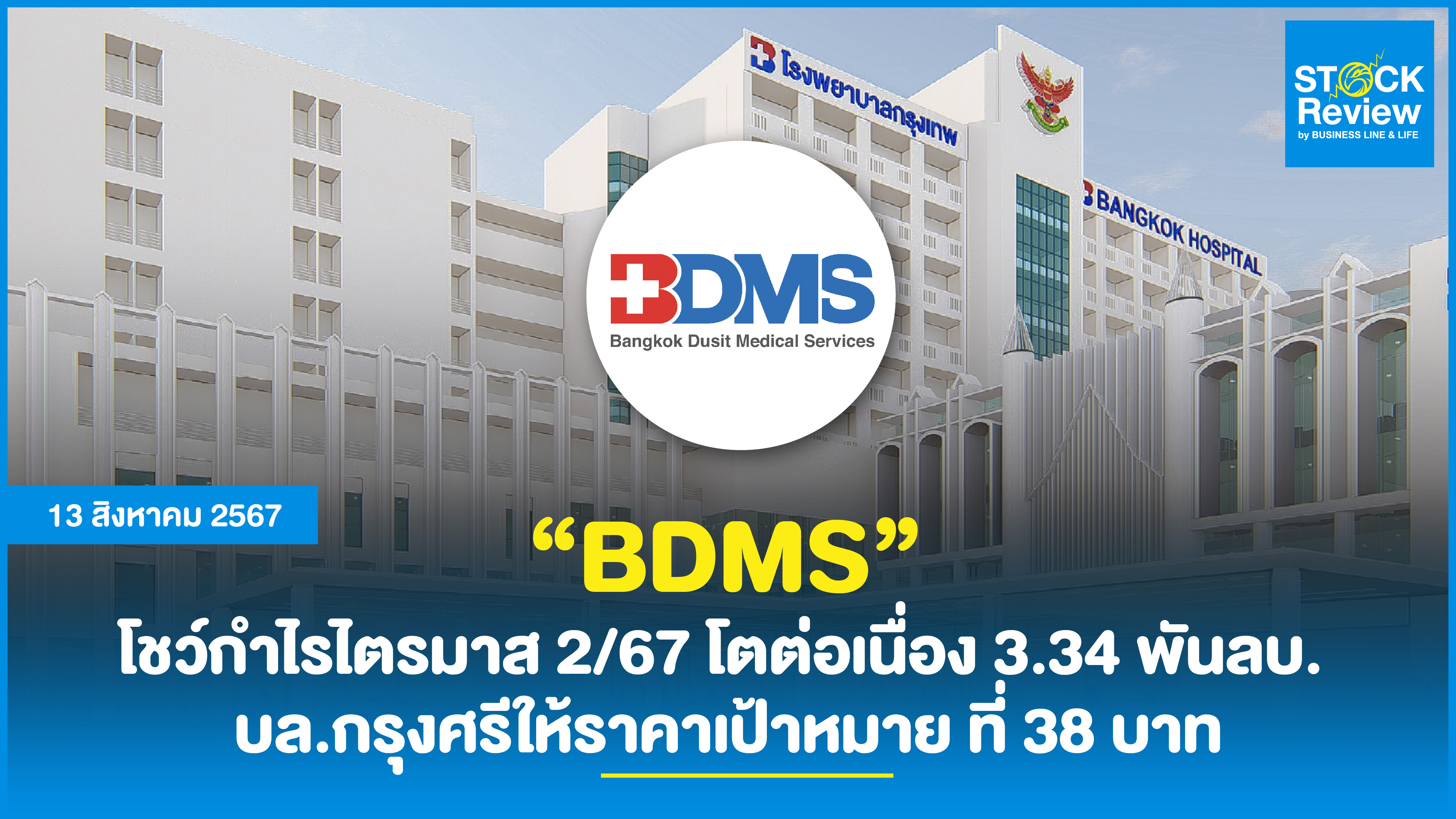 “BDMS”โชว์กำไรไตรมาส 2/67 โตต่อเนื่อง 3.34 พันลบ. บล.กรุงศรีให้ราคาเป้าหมาย ที่ 38 บาท