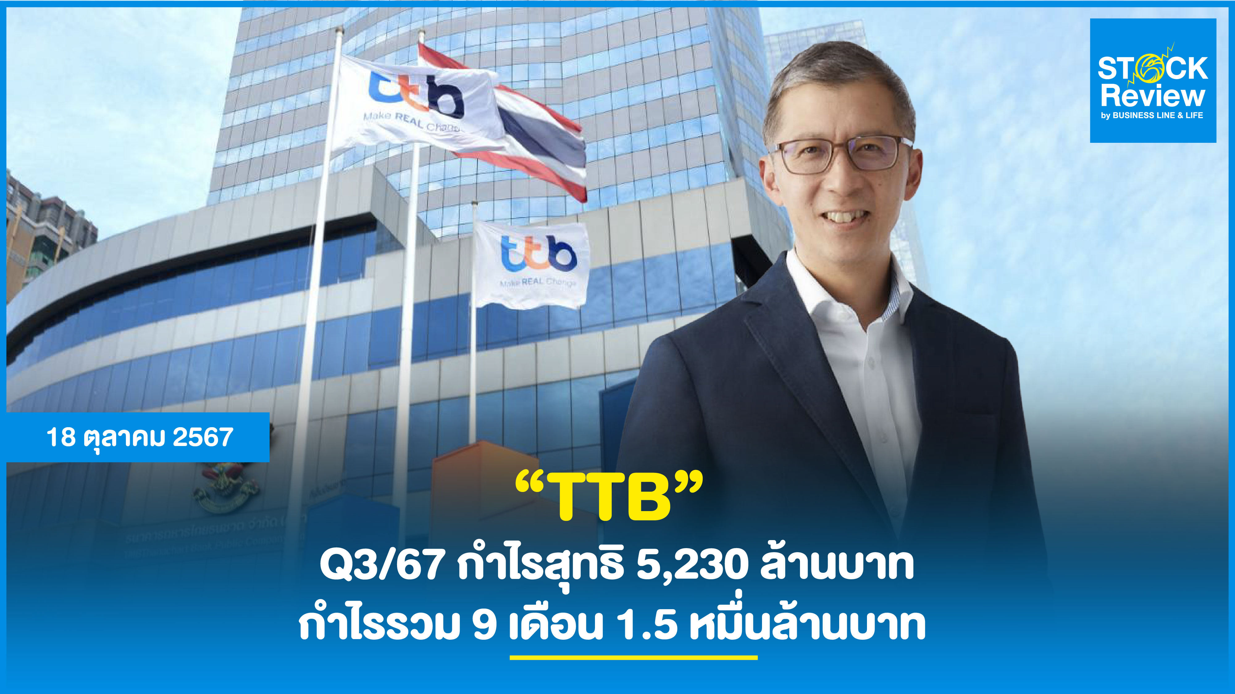 “TTB” Q3/67 กำไรสุทธิ 5,230 ล้านบาท กำไรรวม 9 เดือน 1.5 หมื่นล้านบาท