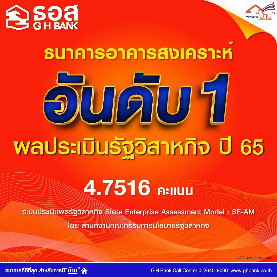 ธอส. คว้าอันดับ 1 ผลประเมินรัฐวิสาหกิจปี 2565  ด้วยคะแนน 4.7516