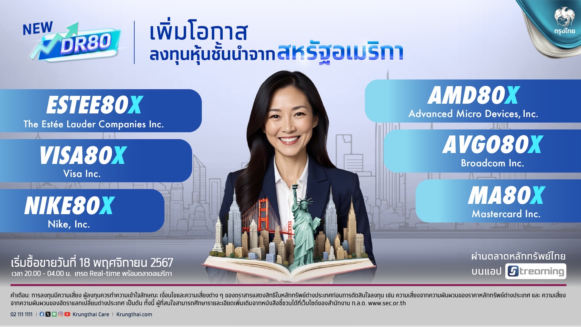 กรุงไทยพลิกเงินลงทุนให้งอกเงยกับ 6 DRx ใหม่ อิงหุ้นชั้นนำสหรัฐ “Mastercard-Visa-Estee-Nike-AMD และ Broadcom” เซมิคอนดักเตอร์ยักษ์ใหญ่ ดีเดย์ 18 พ.ย.นี้