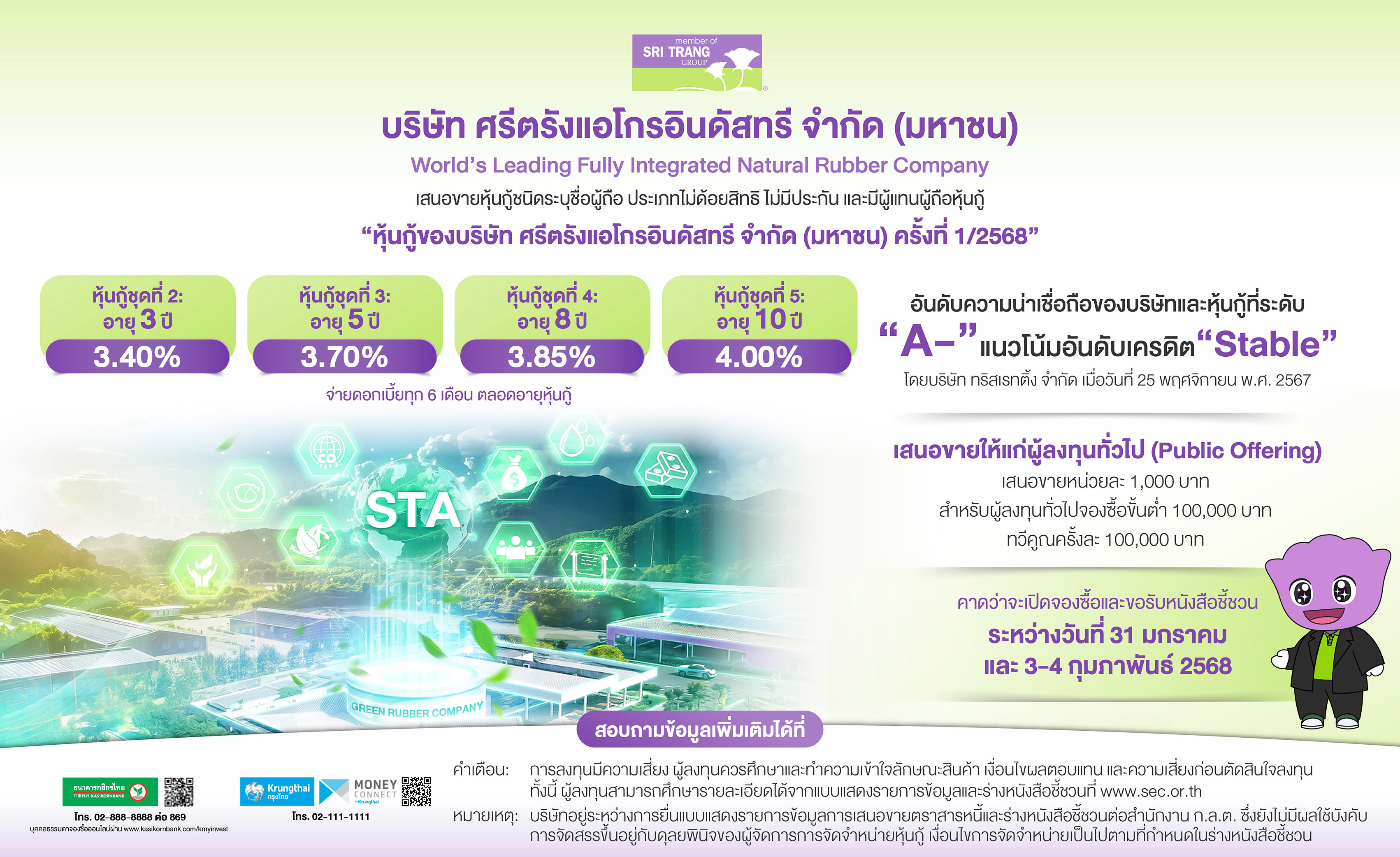 STA กำหนดดอกเบี้ยหุ้นกู้ 4 ชุด อายุ 3 - 10 ปี ระหว่าง 3.40 - 4.00%ต่อปี เสนอขายประชาชนทั่วไป คาดเปิดจองซื้อวันที่ 31 ม.ค. และ 3 - 4 ก.พ.2568