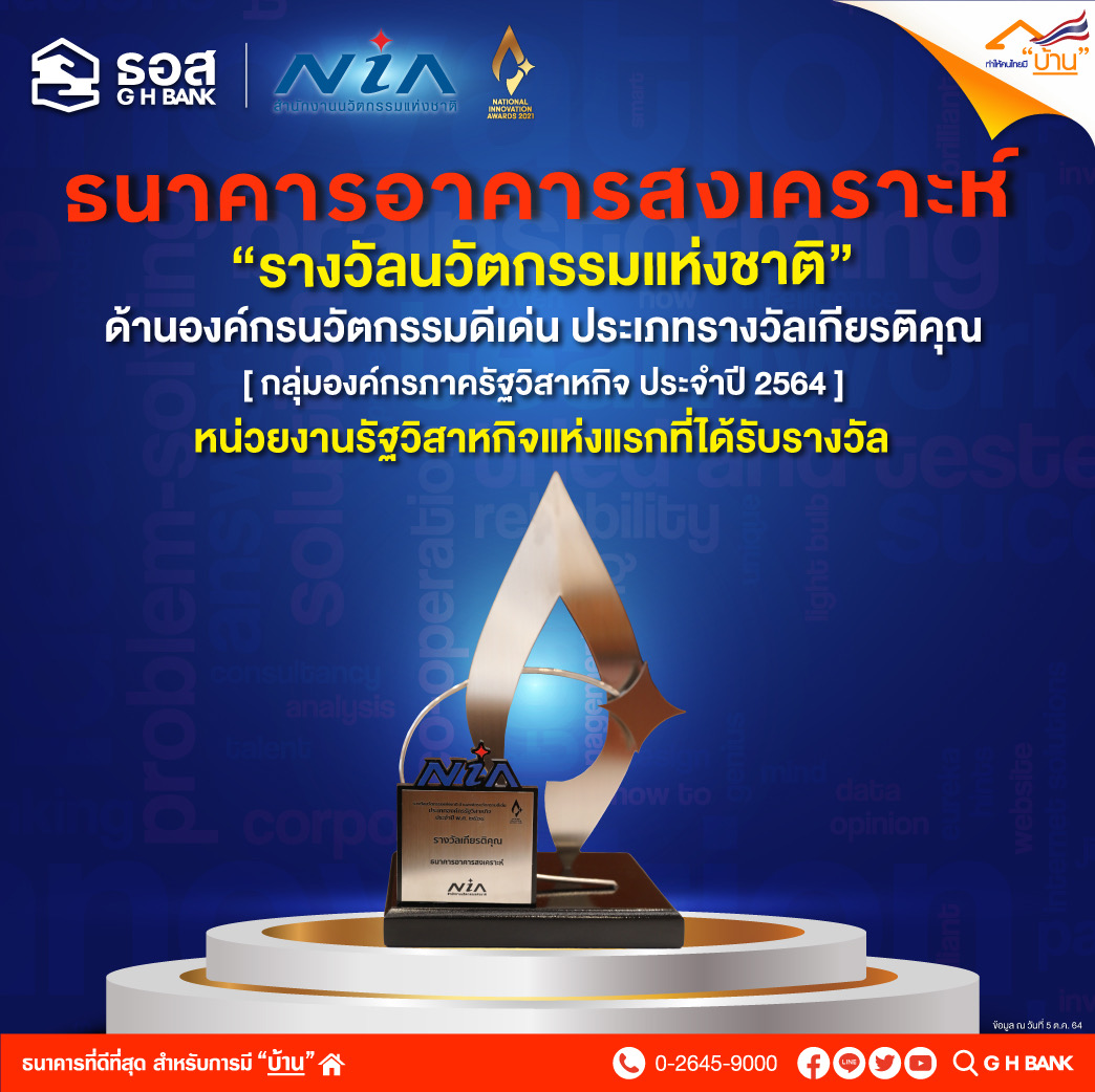 ธอส. คว้ารางวัลนวัตกรรมแห่งชาติ  ด้านองค์กรนวัตกรรมดีเด่น ประเภทรางวัลเกียรติคุณ ในกลุ่มองค์กรรัฐวิสาหกิจ ประจำปี 2564