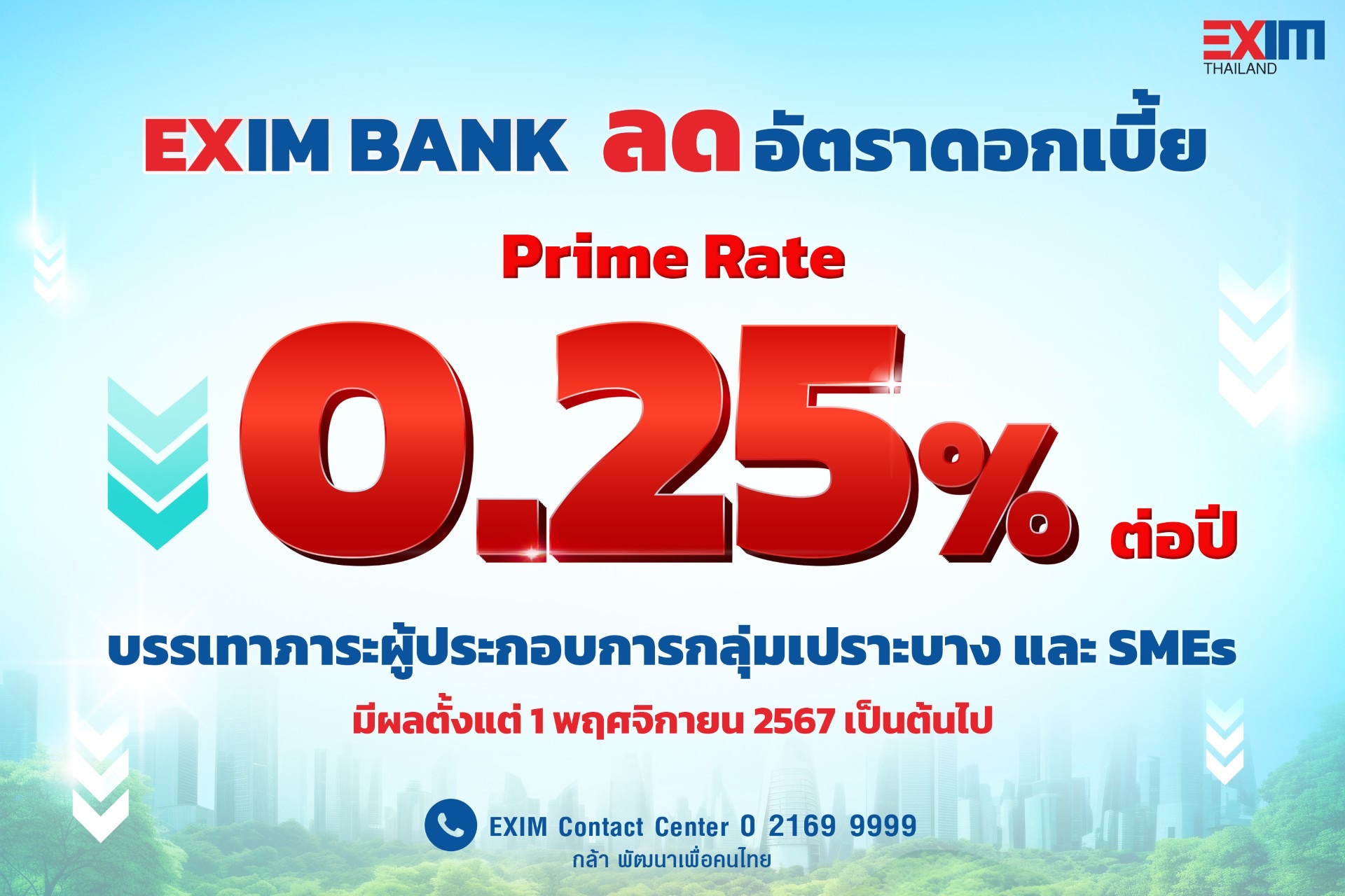 EXIM BANK ประกาศลดดอกเบี้ย Prime Rate 0.25% ต่อปี เริ่ม 1 พ.ย. นี้